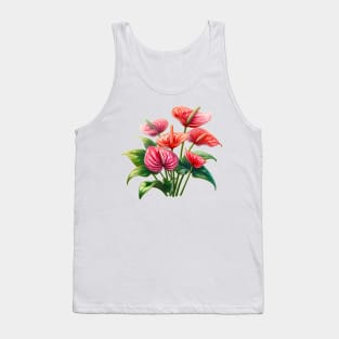 Anthurium Flower - Cartoon Tropical Flower Painting, Red Houseplant Tank Top